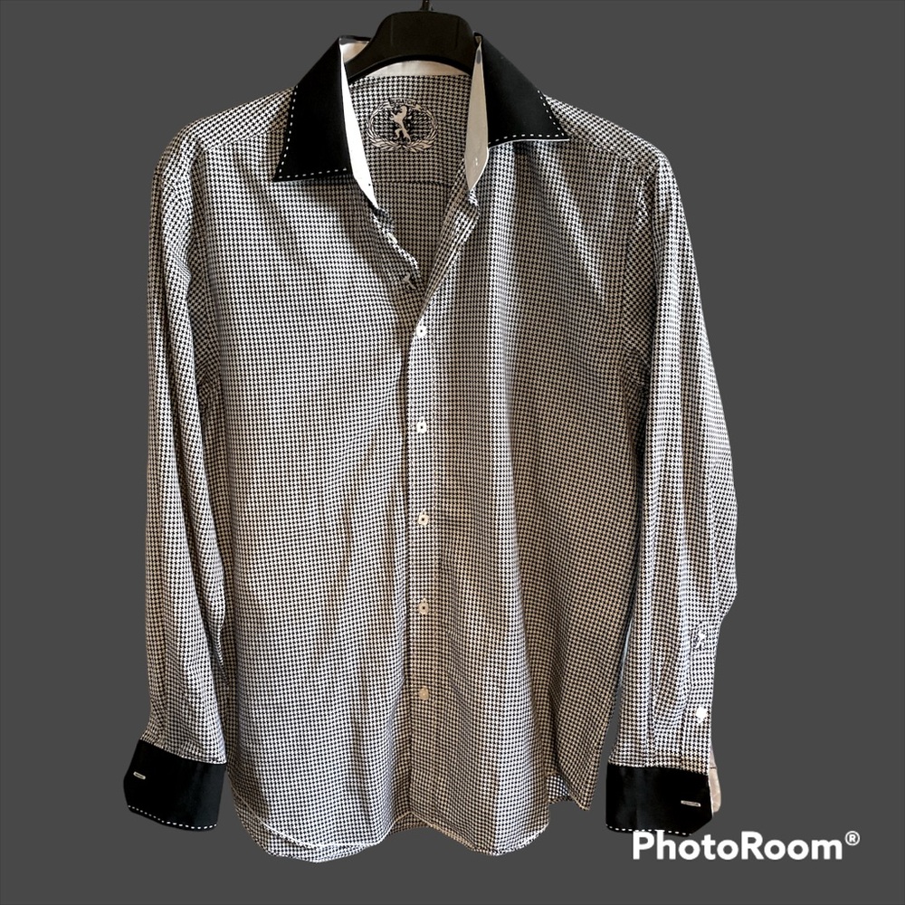 Bugatchi Shaped Fit Black and White Houndstooth Business Suiting Dress Shirt XL